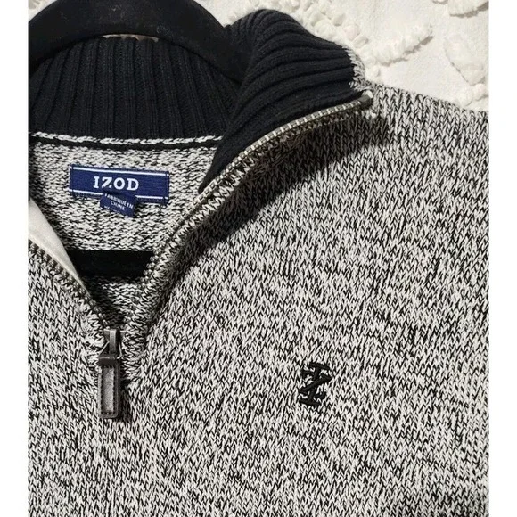 Izod Boys Quarter Zip Sweater Sz M 10 / 12 Black Ivory Preppy Schoolboy Speckled - Picture 7 of 12